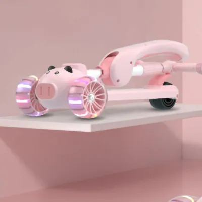 Image de Trottinette à 3 roues, réglable en hauteur, avec lumière musicale, pliable, pour enfants, garçons, filles, rose
