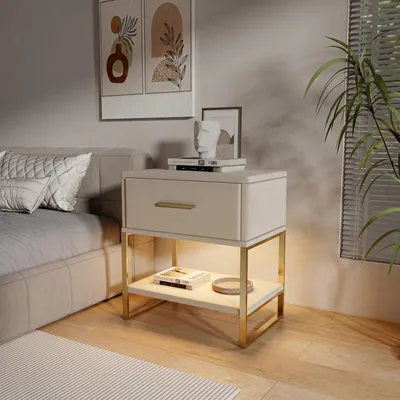 Immagine prodotto di Comodino ProximaX in velluto beige con illuminazione LED RGB, 1 cassetto e 1 ripiano aperto: design moderno e funzionale per una camera da letto elegante.