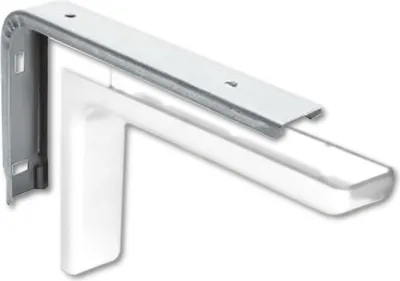 A white shelf bracket with a metal mounting plate.