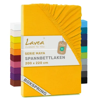 Produktbild von Lavea® Spannbettlaken 200 x 220 cm Maya Jersey, Boxspringbetten, Wasserbetten, Bettlaken 100% Baumwolle, Matratzen bis 35 cm, Spannbetttücher, Goldgelb