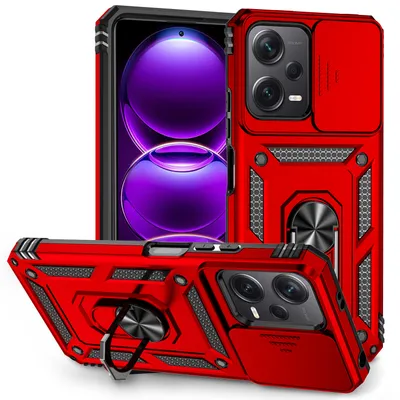 Immagine prodotto di Xiaomi Redmi Note 12 5G custodia a doppio strato con copertura scorrevole della fotocamera e supporto ad anello rosso