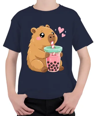 Immagine prodotto di T-shirt con la scritta "Kawaii Capybara Boba Bubble Tea Süß Wasserschwein Japan Nagetier", colore blu navy, taglia 128