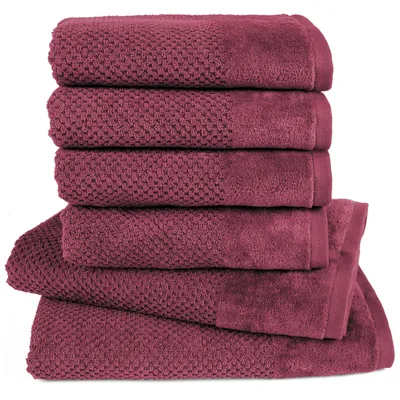 Produktbild von Pure Label 6-TLG Handtücher Set mit Aufhängeschlaufen aus Baumwolle, saugstark und weich - 2xBadetuch 70x140 cm 4xHandtuch 50x100cm, Beere
