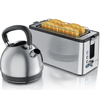 Produktbild von Arendo Frühstücks-Set, Wasserkocher Edelstahl 1,5l, 4 Scheiben Langschlitztoaster, 4 Scheiben Toaster, Frühstücksset, Wasserkocher Retro, 2200W, Brötchenaufsatz, silber