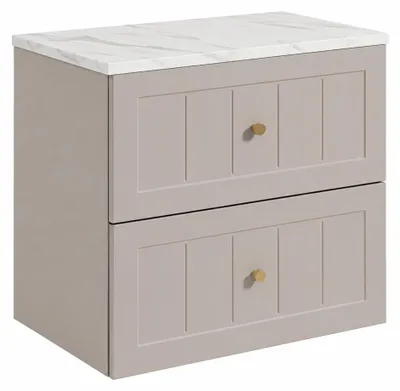 Immagine prodotto di Mobile bagno sospeso, 60 cm, con cassetti, struttura in legno impiallacciato in noce e piano in marmo bianco, dimensioni 60 x 46 x 58,6 cm, Immagine generata dall'IA