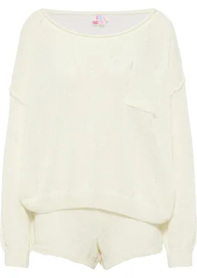 Damen Strick-Set, Crop Top & Shorts, Wolle-Weiß, XL/XXL