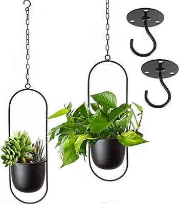 Produktbild von Metall Hängend Blumentopf ,Hängender Dekorationstopf Metall Schwarzer Bolo Blumenampel Decke hängender Übertopf für Zimmerpflanzen, Sukkulenten, Luftpflanzen (Schwarz-2 Pack)