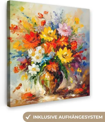 Obrázok produktu pre MuchoWow® - Plátno - Kvety - Farebné - Olejová farba - Kvetináč, nástenná maľba, nástenné dekorácie, obývacia izba, 20x20cm