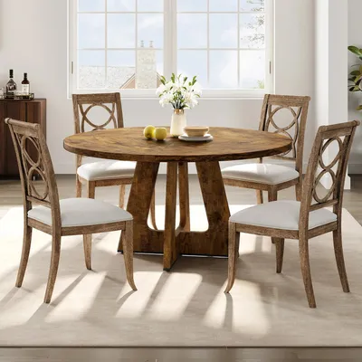 Produktbild von Runder Esstisch - 120 cm Holztisch - Säulenfuß - Für 4–6 Personen - Modernes minimalistisches Design - Retro Braun