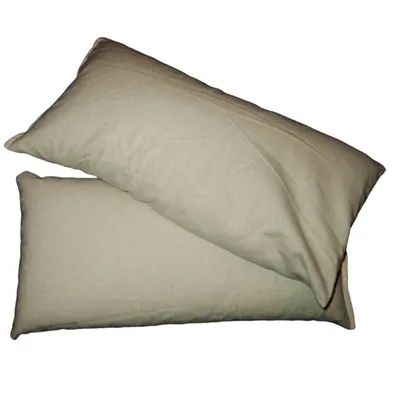 Two beige pillows are stacked on a white background.