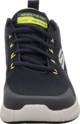 A close-up front view of a blue Skechers sneaker.