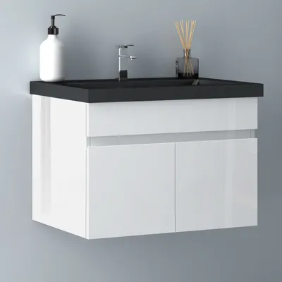 Produktbild von Waschtisch mit Unterschrank 60cm BERGEN Badmöbel Set Hochglanz Weiß Waschbecken Schwarz mit Unterschrank MDF Softclose