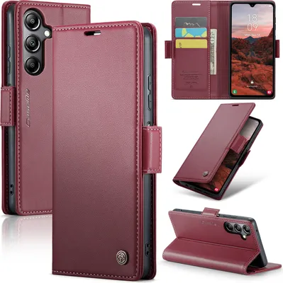 A collage of images showcasing a red leather phone case for a Samsung Galaxy A05S.