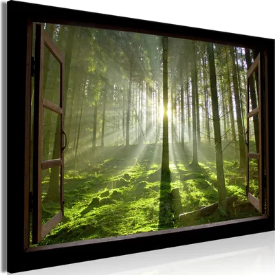 Produktbild von Modernes Wandbild Fensterblick 90x60 - 1 Teile Bilder Fotografie auf Vlies Leinwand Foto Bild Dekoration Wand Bilder Kunstdruck Wald Baum grün c-C-0387-b-a