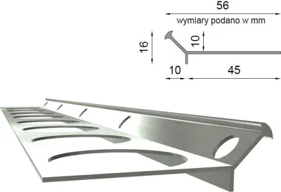 A 3D render of a metal stair nosing profile with dimensions indicated.