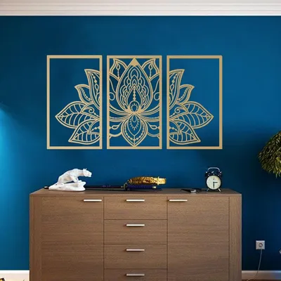 Produktbild von Großes Lotus-Blume-Metall-Wanddeko 3-teiliges Set Schwarz Gold