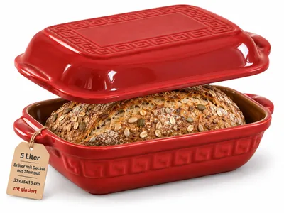 Produktbild von KERAZO 5 Liter Brotbackform mit Deckel aus Steingut, 37×25×15 cm, Bräter, Auflaufform, Gratinform, Schmortopf, Brottopf, rot