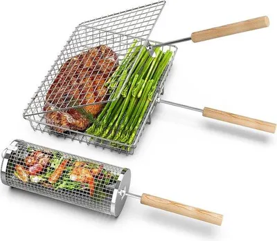 Zdjęcie produktu dla Akcesorium do grillowania ze stali nierdzewnej do ogrodu, w kształcie walca, przeznaczone do pieczenia warzyw.