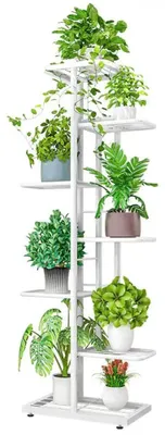 Obrázek produktu pro Stojan na květiny – regál na rostliny – kovový – 7 polic – rohový design – pro vnitřní i venkovní použití – na balkon a terasu – bílý