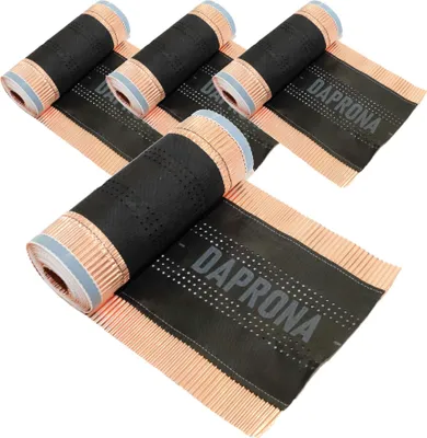 Four rolls of roofing flashing material are arranged diagonally on a white background.