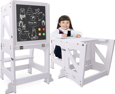 YOLEO 2 in 1 Lernturm Kinder Tritthocker mit Sicherheitsstange, klappbarer Lernstuhl, Kinderhocker mit magnetischer Tafel, rutschfestem Fußpolster, Kinderschemel für Küchen-/Badezimmerhelfer, Weiß