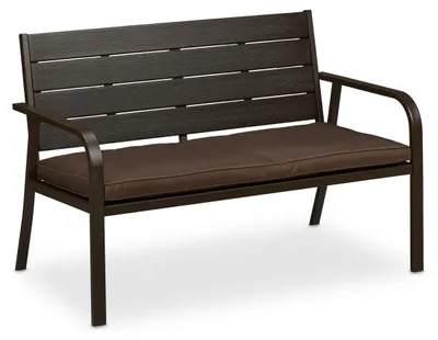 Zdjęcie produktu dla Ławka ogrodowa Relaxdays z poduszką do siedzenia, imitacja drewna, wymiary: 78 x 118 x 66 cm, dwuosobowa, solidna ławka balkonowa, ławka, brązowa