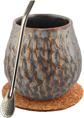 Produktbild von Mate Green Yerba Mate-Tee Set - Keramik Mate Becher 400ml - Edeltahl trinkhalm Bombilla 19cm - Handgemachte Keramik Kalebasse - Korkpad