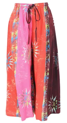 Produktbild von Bequeme Palazzohose, Weite Marlenehose, Boho Wachsbatik Schlaghose, Hosenrock - Rot, Damen, Viskose, Größe: S