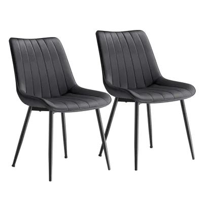 Two black dining chairs with metal legs are shown against a white background.