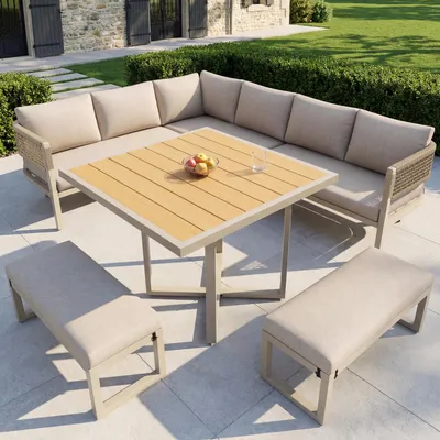 Image de Ensemble de mobilier de terrasse, ensemble de salon de jardin pour 8 à 10 personnes, canapé de jardin avec grande table à manger en bois synthétique, grande table avec finition imitation bois, pieds réglables