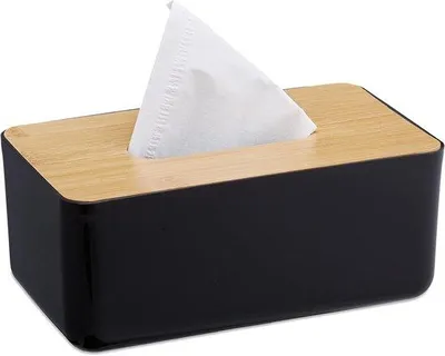 Produktbild von Famanu Tissuebox Halter aus Kunststoff mit Bambusdeckel - Schwarz/Natur, 10x23x13 cm