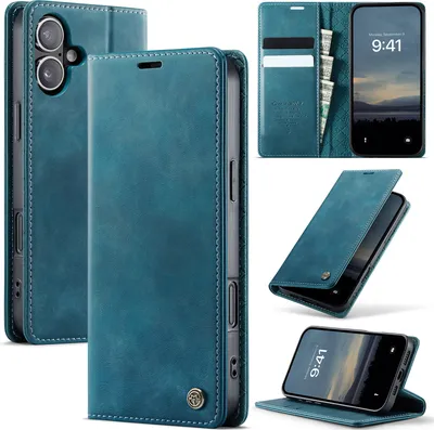 Produktbild von Handyhülle für iPhone 16 Hülle Leder mit RFID Schutzhülle Klapphülle Magnet Kartenfach Standfunktion Blau