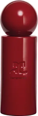 A red perfume bottle with a spherical cap.