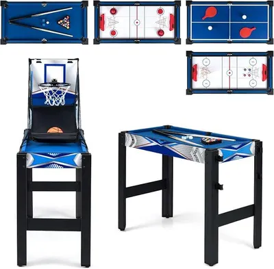Imagen del producto de Mesa de juego multifuncional 6 en 1, que incluye futbolín, baloncesto, billar, tenis de mesa, hockey sobre aire, juego de bolos y mesa de shuffleboard. Mesa multifuncional con accesorios, ideal para niños y adultos