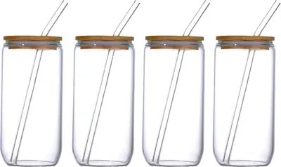 Produktbild von Glasbecher mit Bambusdeckel, Bürsten, Strohhalm, 470 ml, dosenförmige Glasbecher für Eiskaffee, Limonade, Tee, Bier und Eiskaffee, Gläser, wiederverwendbares Glasgeschirr
