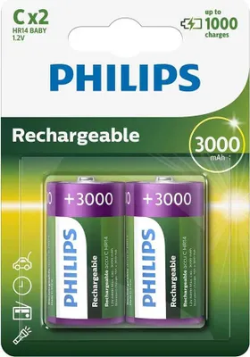 Produktbild von Philips Rechargeables Akku R14B2A300/10, Wiederaufladbarer Akku, C, Nickel-Metallhydrid (NiMH), 1,2 V, 3000 mAh, Cd (cadmium), Hg (Quecksilber)