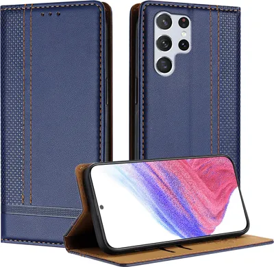Image de Housse pour Samsung Galaxy S22 Ultra 5G Housse en cuir à rabat avec support bleu