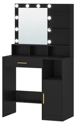 Image de Table de maquillage - Table de coiffure avec miroir - 10 LED - 3 étagères - 4 compartiments ouverts - 1 tiroir - 3 niveaux de luminosité - Noir