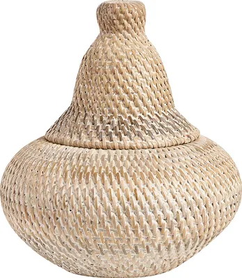Produktbild von BELIANI Naturkorb aus Rattan bemalt 25 cm Höhe Aufbewahrung mit Deckel Boho Rustikales dekorativ