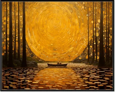 Produktbild von Wallario Wandbild Goldene Flussfahrt, Größe: 40,30 x 50,30 cm, Poster mit schwarzem Aluminiumrahmen