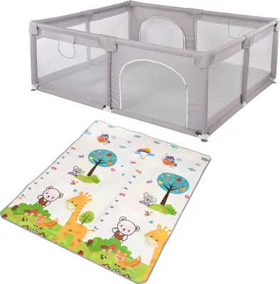Produktbild von Baby Laufgitter mit Matte 150x180cm Laufstall Rutschfester Absperrgitter,Große Sicherheitsspielplatz Grau