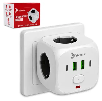 Produktbild von Reagle Cube Steckdosenleiste Würfel 3-fach & 4 USB (2x USB-A, 2x USB-C), Mehrfachsteckdose 7-in-1 mit Schalter, Überlastschutz 2500W