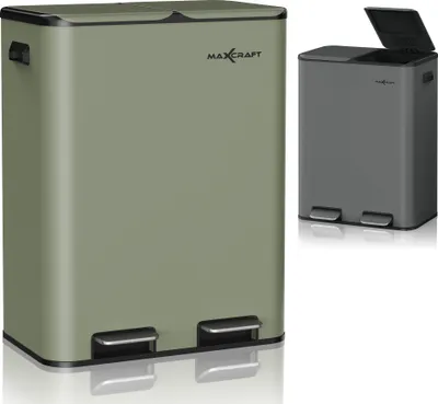A product shot of a green dual-compartment trash can with a smaller inset image of a gray version of the same trash can.