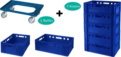 Produktbild von 7 Stück E2-Kasten blau + 1 Transportroller mit vier Lenkrollen in blau