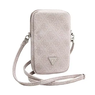 A pink and gray Guess wallet phone bag with a repeating '4G' logo pattern and a triangular Guess logo emblem.