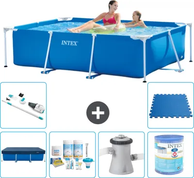Immagine prodotto di Piscina Intex con struttura rettangolare - 220 x 150 x 60 cm - blu - include copertura - pacchetto manutenzione - pompa filtro per piscina - filtro - aspirapolvere - pavimento in piastrelle