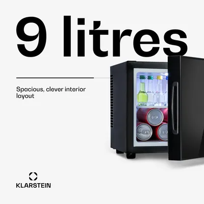 Zdjęcie produktu dla Mini lodówka Klarstein Happy Hour LED, 9 litrów, zakres temperatur 5-15 °C, kolor czarny, wymiary: 33,5 x 30 x 34 cm (szerokość x wysokość x głębokość)