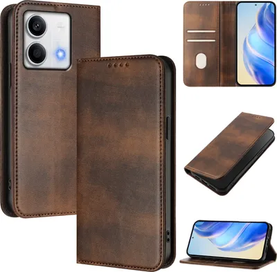 Image de Etui pour Xiaomi Redmi Note 13 5G, étui en cuir vintage avec protection RFID, fentes pour cartes, support Marron