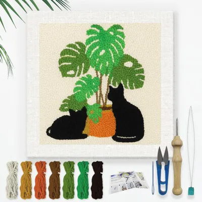 Produktbild von Punch Needle Stickset Monstera Schwarze Katze 24cm Bastelset für Anfänger mit Rahmen Garn Nadel