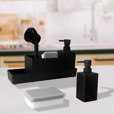 Produktbild von Spülmittelspender Set 350ml Küchen Organizer Schwarz ABS Seifenspender mit Schwammhalter Bürstenhalter